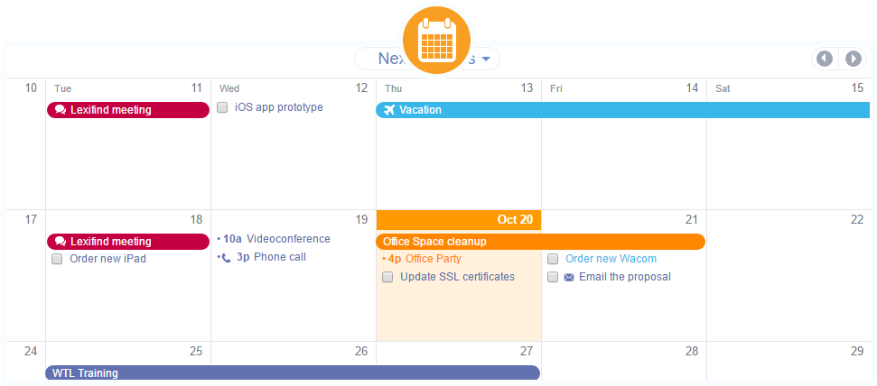 Calendar View with private and public calendars, single and recurring events, tasks and more...